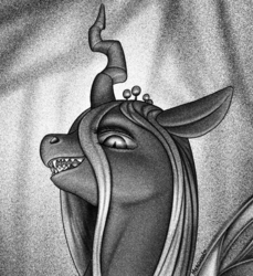Size: 1318x1436 | Tagged: safe, artist:mercurial64, queen chrysalis, changeling, changeling queen, g4, black and white, bust, crown, evil grin, fangs, female, grayscale, grin, jewelry, monochrome, open mouth, portrait, regalia, smiling, solo