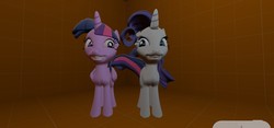 Size: 1280x600 | Tagged: safe, artist:th3m4nw1thn0n4m3, rarity, twilight sparkle, alicorn, pony, g4, 3d, female, grin, lesbian, looking at each other, ship:rarilight, shipping, smiling, twilight sparkle (alicorn)