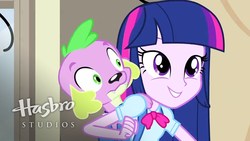 Size: 1280x720 | Tagged: safe, artist:hasbro, screencap, spike, twilight sparkle, dog, equestria girls, g4, my little pony equestria girls, bowtie, clothes, confused, female, fist, happy, hasbro logo, hasbro studios, male, spike the dog, thumbnail, youtube thumbnail