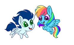 Size: 3353x2056 | Tagged: safe, artist:bella-pink-savage, rainbow dash, soarin', g4, chibi, female, high res, male, ship:soarindash, shipping, simple background, straight, transparent background