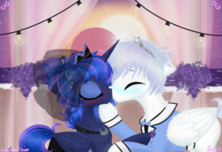 Size: 3982x2722 | Tagged: safe, artist:darkest-lunar-flower, princess luna, oc, oc:lux(pearle), alien, pegasus, pony, g4, asexual, beach, bowtie, canon x oc, clothes, crown, dress, duo, eclipse, female, flower, high res, jewelry, kiss on the lips, kissing, lavender, male, mare, marriage, ocean, pegasus oc, regalia, shipping, sky, stallion, straight, sweat, tuxedo, veil, water, wedding dress