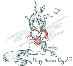 Size: 1681x1532 | Tagged: safe, artist:victoria-luna, queen chrysalis, changeling, changeling queen, g4, female, heart, holiday, hug, solo, valentine's day