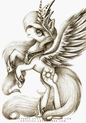 Size: 2412x3438 | Tagged: safe, artist:victoria-luna, princess celestia, alicorn, pony, g4, black and white, female, grayscale, high res, monochrome, rearing, simple background, solo, spread wings, traditional art, white background, wings
