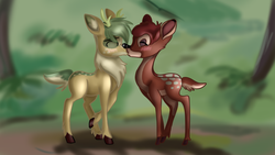 Size: 1280x720 | Tagged: safe, artist:jbond, oc, oc:jacky breeze, deer, bambi, deer oc, disney, duo, duo male, eyes closed, gay, kissing, male, non-pony oc, shipping