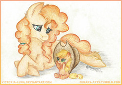 Size: 2264x1584 | Tagged: safe, artist:victoria-luna, applejack, pear butter, earth pony, pony, g4, applejack's hat, baby, baby pony, babyjack, colored pencil drawing, cowboy hat, cute, duo, female, foal, hat, jackabetes, mare, mother and daughter, mother's day, traditional art, younger