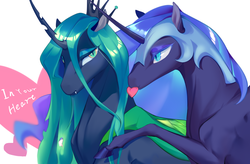 Size: 3779x2480 | Tagged: safe, artist:lornecat, nightmare moon, queen chrysalis, alicorn, changeling, changeling queen, pony, g4, crown, fangs, female, heart, high res, jewelry, lesbian, mare, mouth hold, regalia, ship:chrysmoon, shipping, slit pupils