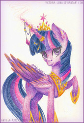 Size: 1584x2318 | Tagged: safe, artist:victoria-luna, twilight sparkle, alicorn, pony, g4, female, jewelry, looking at you, new crown, raised hoof, regalia, solo, traditional art, twilight sparkle (alicorn)