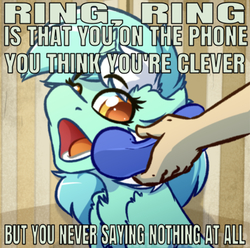 Size: 640x635 | Tagged: safe, artist:witchtaunter, edit, editor:undeadponysoldier, lyra heartstrings, human, g4, caption, chest fluff, cute, image macro, lyrabetes, lyrics, meme, mika, open mouth, phone, ponified animal photo, ring ring, song reference, text, yes this is dog