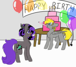 Size: 4500x4000 | Tagged: safe, artist:crazysketch101, oc, oc only, oc:marshy, oc:snuggle, earth pony, pegasus, pony, balloon, birthday, cake, commission, duo, food, happy birthday, party horn