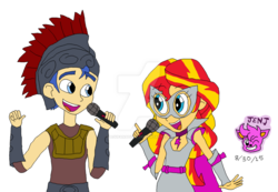 Size: 1024x708 | Tagged: safe, artist:stella-exquisa, flash sentry, sunset shimmer, equestria girls, g4, clothes, cosplay, costume, female, male, ship:flashimmer, shipping, singing, straight
