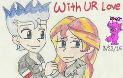 Size: 1024x651 | Tagged: safe, artist:stella-exquisa, flash sentry, sunset shimmer, equestria girls, g4, female, male, ship:flashimmer, shipping, straight, traditional art