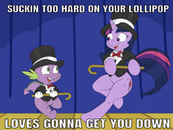 Size: 638x481 | Tagged: safe, artist:joey darkmeat, artist:shawnyall, edit, editor:undeadponysoldier, spike, twilight sparkle, dragon, pony, unicorn, g4, cane, clothes, cute, dancing, duet, female, gloves, happy, hat, lollipop (song), lyrics, male, mare, mika, song reference, text, top hat, tuxedo, unicorn twilight