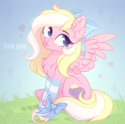 Size: 4149x4108 | Tagged: safe, artist:sparkling_light, artist:sparkling_light base, oc, oc only, oc:bay breeze, pegasus, pony, blushing, bow, chest fluff, clothes, cute, ear fluff, female, hair bow, mare, ocbetes, sitting, socks, spread wings, striped socks, tail bow, text, tongue out, wings, ych result
