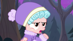 Size: 1920x1080 | Tagged: safe, screencap, cozy glow, pegasus, pony, frenemies (episode), g4, clothes, cozy glow is not amused, female, filly, foal, forest, hat, solo, winter outfit