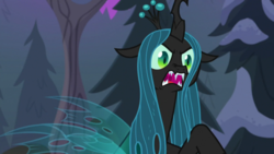 Size: 1920x1080 | Tagged: safe, screencap, queen chrysalis, changeling, changeling queen, frenemies (episode), g4, fangs, female, forest, mawshot, open mouth, solo, uvula