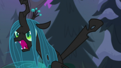 Size: 1920x1080 | Tagged: safe, screencap, queen chrysalis, changeling, changeling queen, frenemies (episode), g4, fangs, female, forest, mawshot, open mouth, raised hoof, solo, uvula