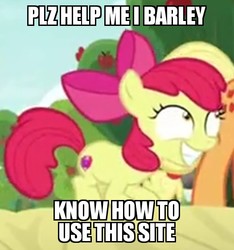 Size: 525x560 | Tagged: safe, edit, edited screencap, screencap, apple bloom, applejack, g4, going to seed, barley, caption, cropped, help, image macro, low quality, solo focus, text
