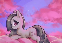 Size: 2001x1384 | Tagged: safe, artist:mirroredsea, marble pie, earth pony, pony, g4, cute, female, marblebetes, mare, profile, prone, smiling, solo, sweet dreams fuel