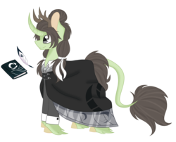 Size: 3255x2634 | Tagged: safe, artist:crazysketch101, oc, pony, unicorn, antlers, book, clothes, commission, curved horn, high res, horn, leonine tail, quill, simple background, solo, tail, transparent background