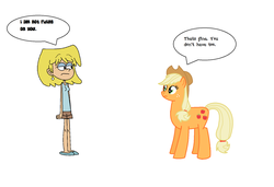 Size: 1756x1204 | Tagged: safe, artist:theawesomeguy98201, applejack, earth pony, human, pony, g4, crossover, female, lori loud, mare, misspelling, simple background, text bubbles, the loud house, white background