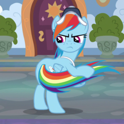 Size: 810x810 | Tagged: safe, screencap, rainbow dash, pegasus, pony, 2 4 6 greaaat, g4, bipedal, coach, coach rainbow dash, cropped, cutie mark, female, folded wings, glare, hat, mare, rainbow dash is not amused, solo, tail hold, unamused, wings