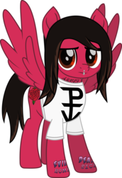 Size: 630x918 | Tagged: safe, artist:lightningbolt, derpibooru exclusive, pegasus, pony, g4, .svg available, clothes, colored pupils, lidded eyes, lip piercing, looking at you, male, mike fuentes, movie accurate, pierce the veil, piercing, ponified, shirt, simple background, solo, spread wings, stallion, standing, svg, t-shirt, tattoo, transparent background, vector, wings