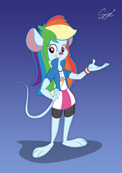 Size: 2480x3508 | Tagged: safe, artist:martonszucsstudio, rainbow dash, mouse, anthro, equestria girls, g4, female, gradient background, high res, mousified, rainbow mouse, smiling, solo, species swap