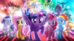 Size: 1280x720 | Tagged: safe, artist:hasbro, applejack, capper dapperpaws, captain celaeno, fluttershy, grubber, pinkie pie, princess skystar, queen novo, rainbow dash, rarity, songbird serenade, spike, storm king, tempest shadow, twilight sparkle, alicorn, dragon, earth pony, griffon, parrot pirates, pegasus, pony, seapony (g4), unicorn, anthro, g4, my little pony: the movie, official, angry, armor, beauty mark, bow, box art, broken horn, cowboy hat, ear piercing, earring, female, flying, hair bow, hat, headworn microphone, horn, jewelry, looking at you, male, mane seven, mane six, mare, merchandise, my little pony logo, piercing, pirate, pirate hat, raised hoof, spread wings, standing, twilight sparkle (alicorn), wall of tags, wings, work of art