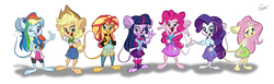 Size: 2736x847 | Tagged: safe, artist:martonszucsstudio, applejack, fluttershy, pinkie pie, rainbow dash, rarity, sunset shimmer, twilight sparkle, mouse, anthro, equestria girls, g4, arm behind back, female, hand on hip, humane five, humane seven, humane six, mousified, one eye closed, open mouth, outstretched arms, rainbow mouse, rarimouse, simple background, smiling, species swap, thumbs up, waving, white background, wink