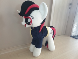Size: 4032x3024 | Tagged: safe, artist:megatarot, oc, oc only, oc:blackjack, pony, unicorn, fallout equestria, fallout equestria: project horizons, clothes, fanfic, female, hooves, horn, irl, jumpsuit, mare, open mouth, photo, pipbuck, plushie, solo, vault suit