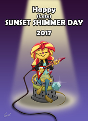 Size: 1208x1654 | Tagged: safe, artist:martonszucsstudio, sunset shimmer, mouse, anthro, equestria girls, g4, 2017, diamond ring, electric guitar, eyes closed, female, flying v, guitar, micro, mousified, musical instrument, sitting, smiling, solo, species swap, spotlight, sunset shimmer day, sunset shredder, thimble