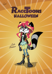 Size: 1642x2326 | Tagged: safe, artist:martonszucsstudio, sunset shimmer, oc, oc:judie racctoon, raccoon, anthro, equestria girls, g4, anthro oc, clothes, cosplay, costume, female, furry, furry oc, gradient background, halloween, halloween costume, looking up, smiling, solo