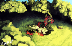 Size: 3184x2047 | Tagged: safe, artist:misstwipietwins, oc, oc only, oc:spotted comet, bat pony, hybrid, pony, duo, high res, kirin-halfbreed, lying down, on back, prone