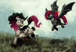 Size: 2692x1829 | Tagged: safe, artist:misstwipietwins, oc, oc only, oc:spotted comet, bat pony, hybrid, pony, duo, flying, kirin-halfbreed, running