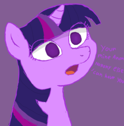 Size: 920x940 | Tagged: safe, artist:notawriteranon, twilight sparkle, pony, unicorn, g4, dialogue, eye clipping through hair, female, grammar error, insanity, mare, open mouth, simple background, solo, talking, wide eyes, yandere, yanderelight sparkle