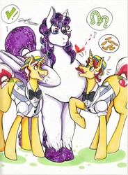 Size: 2474x3353 | Tagged: safe, artist:friskyhellspawn, flam, flim, oc, oc:solestiaglimmers, alicorn, butterfly, pony, unicorn, g4, alicorn oc, big mare, blank, canon x oc, chatter, cute, flim flam brothers, freckles, full body, high res, male, shipping, silly, simple background, size difference, stallion, unshorn fetlocks, white background