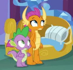 Size: 506x485 | Tagged: safe, screencap, smolder, spike, dragon, father knows beast, g4, animated, bed, claws, comforting, cute, dragoness, duo, female, folded wings, friends, heartbreak, hnnng, horns, hug, male, sad, sigh, sympathy, upset, winged spike, wings