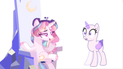 Size: 2499x1405 | Tagged: safe, artist:dianamur, artist:moon-rose-rosie, oc, oc only, oc:celestial moon, pony, unicorn, base used, collaboration, duo, hairpin, horn, magical lesbian spawn, offspring, parent:rainbow dash, parent:twilight sparkle, parents:twidash, shocked expression, sitting, throne, wings