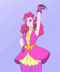 Size: 2500x3000 | Tagged: safe, artist:albertbm, pinkie pie, equestria girls, g4, armpits, blushing, candy, clothes, crystal guardian, cute, diamond, diapinkes, female, food, geode of sugar bombs, gloves, high res, magical geodes, one eye closed, ponied up, simple background, solo, wink