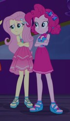 Size: 717x1242 | Tagged: safe, screencap, fluttershy, pinkie pie, equestria girls, equestria girls specials, g4, my little pony equestria girls: better together, my little pony equestria girls: spring breakdown, feet, female, geode of sugar bombs, magical geodes, sandals, sleeveless