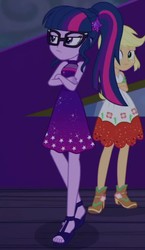 Size: 717x1239 | Tagged: safe, screencap, applejack, sci-twi, twilight sparkle, equestria girls, equestria girls specials, g4, my little pony equestria girls: better together, my little pony equestria girls: spring breakdown, cropped, feet, female, geode of telekinesis, magical geodes, open-toed shoes, sandals, sleeveless, unimpressed