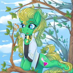 Size: 2000x2000 | Tagged: safe, artist:neonishe, oc, oc only, oc:professor sugarcube, butterfly, earth pony, pony, clothes, collar, curious, female, high res, lab coat, mare, solo, tree