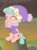 Size: 147x198 | Tagged: safe, screencap, cozy glow, pegasus, pony, frenemies (episode), g4, clothes, cozybetes, cropped, cute, eyes closed, female, filly, foal, hat, nom, picture for breezies, solo, tree stump, winter outfit