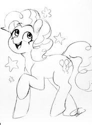 Size: 2988x4050 | Tagged: safe, artist:liziedoodle, pinkie pie, earth pony, pony, g4, female, monochrome, open mouth, smiling, solo, stars