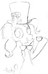Size: 2952x4534 | Tagged: safe, artist:riskypony, pinkie pie, earth pony, pony, g4, bowtie, cup, female, hat, hoof hold, mad hatter hat, monochrome, open mouth, smiling, solo, teacup, top hat