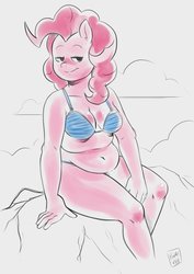 Size: 1448x2048 | Tagged: safe, artist:raph13th, pinkie pie, earth pony, anthro, g4, belly, belly button, bikini, breasts, busty pinkie pie, chubby, clothes, lidded eyes, plump, smiling, solo, swimsuit