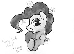 Size: 4034x2940 | Tagged: safe, artist:masserey, pinkie pie, earth pony, pony, g4, clone, dialogue, female, mare, micro, monochrome, open mouth, smiling