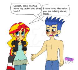 Size: 1024x917 | Tagged: safe, artist:stella-exquisa, flash sentry, sunset shimmer, equestria girls, g4, accessory theft, belly button, clothes, female, jeans, male, pants, partial nudity, ship:flashimmer, shipping, straight, topless