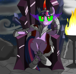 Size: 1600x1560 | Tagged: safe, artist:evil-dec0y, twilight sparkle, pony, unicorn, g4, armor, bad end, bevor, boots, brazier, cloak, clothes, colored horn, corrupted, corrupted twilight sparkle, crown, crystal, curved horn, dark crystal, dark magic, empress, empress twilight, empress twilight sparkle, evil, fangs, female, fire, grin, horn, jewelry, looking at you, magic, mare, regalia, shoes, sitting, smiling, solo, sombra eyes, sombra horn, sombra's robe, throne, throne slouch, tiara, tyrant sparkle, unicorn twilight