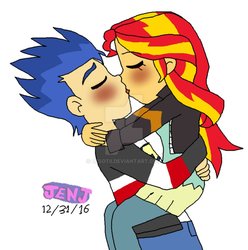 Size: 890x898 | Tagged: safe, artist:stella-exquisa, flash sentry, sunset shimmer, equestria girls, g4, clothes, female, jacket, kissing, leather jacket, male, ship:flashimmer, shipping, straight